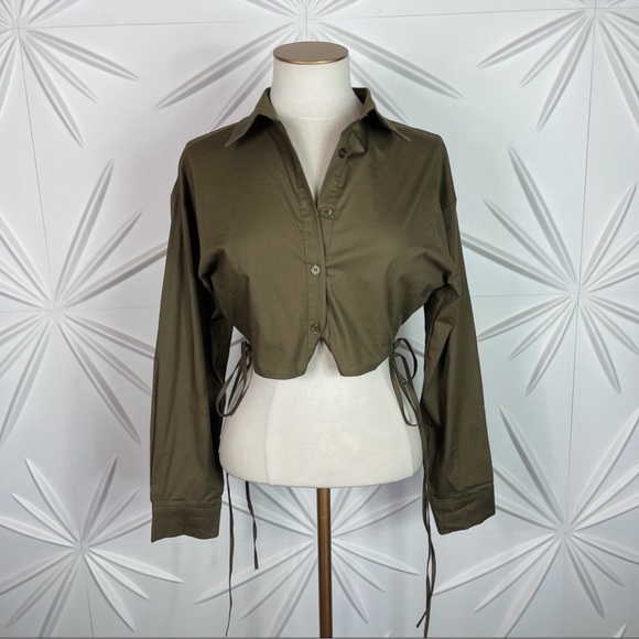 Khaki Button Down Crop Shirt Tie Details - Picture 14 of 16